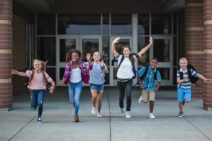 Schools Out, Last Day, Students Running out of School, Backpacks
