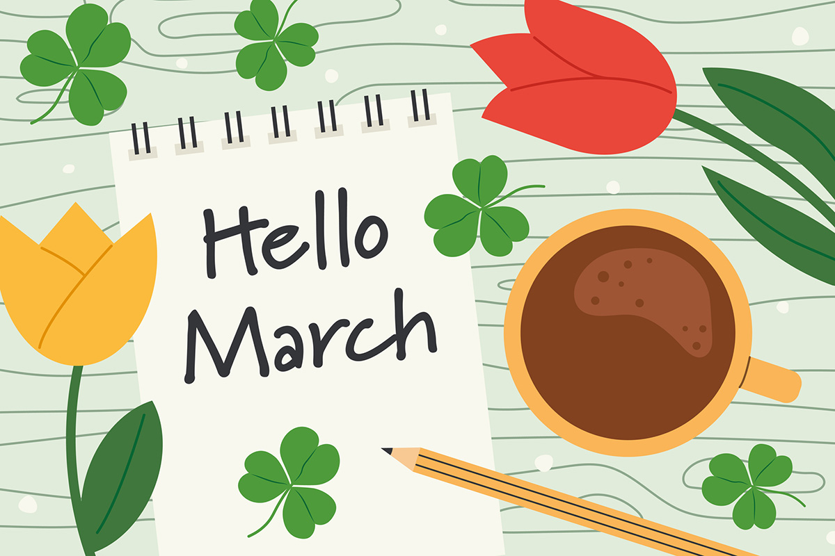 Hello March, Notebook with Clovers and tulip flowers, Illustration