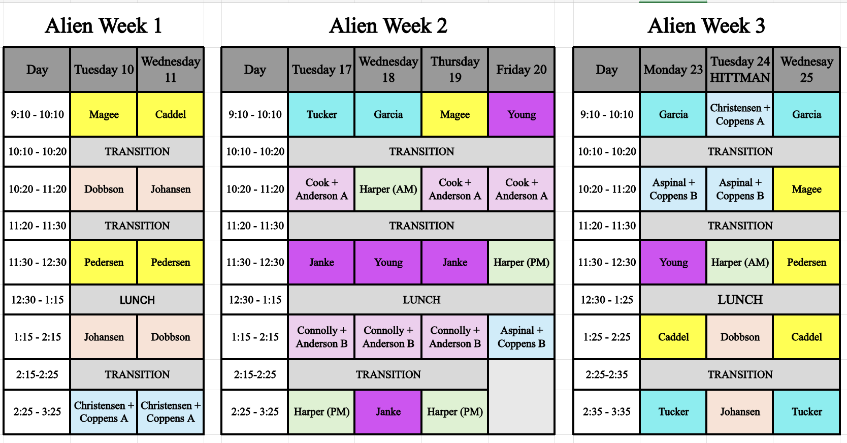 Alien Inline Schedule